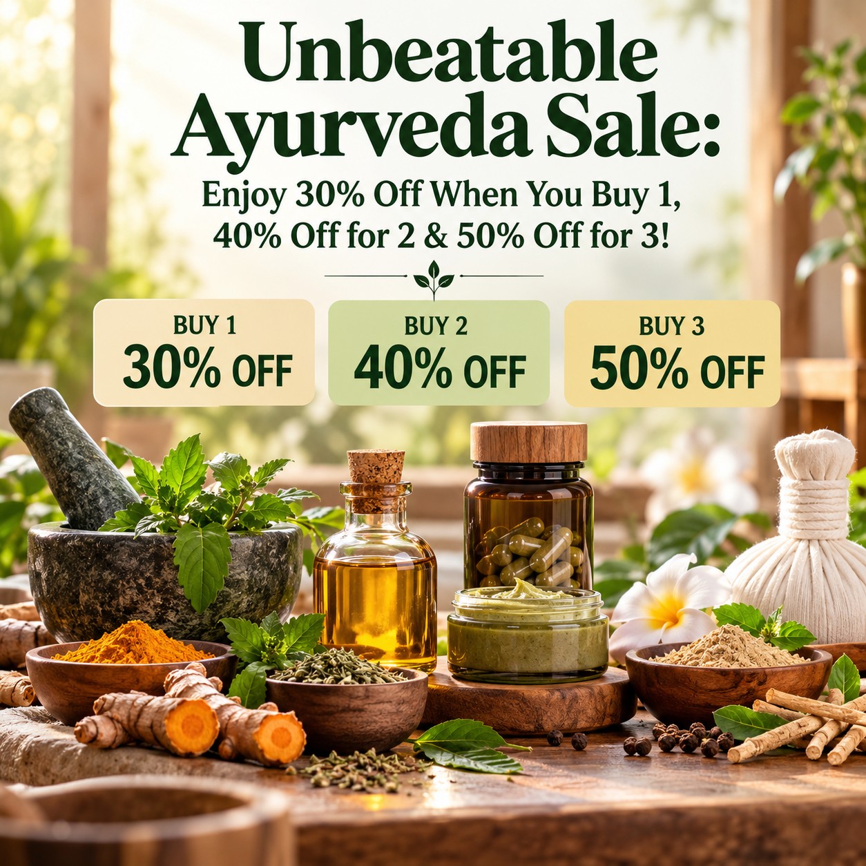 Unbeatable Ayurveda Sale: Enjoy 30% Off When You Buy 1, 40% Off for 2 & 50% Off for 3!
