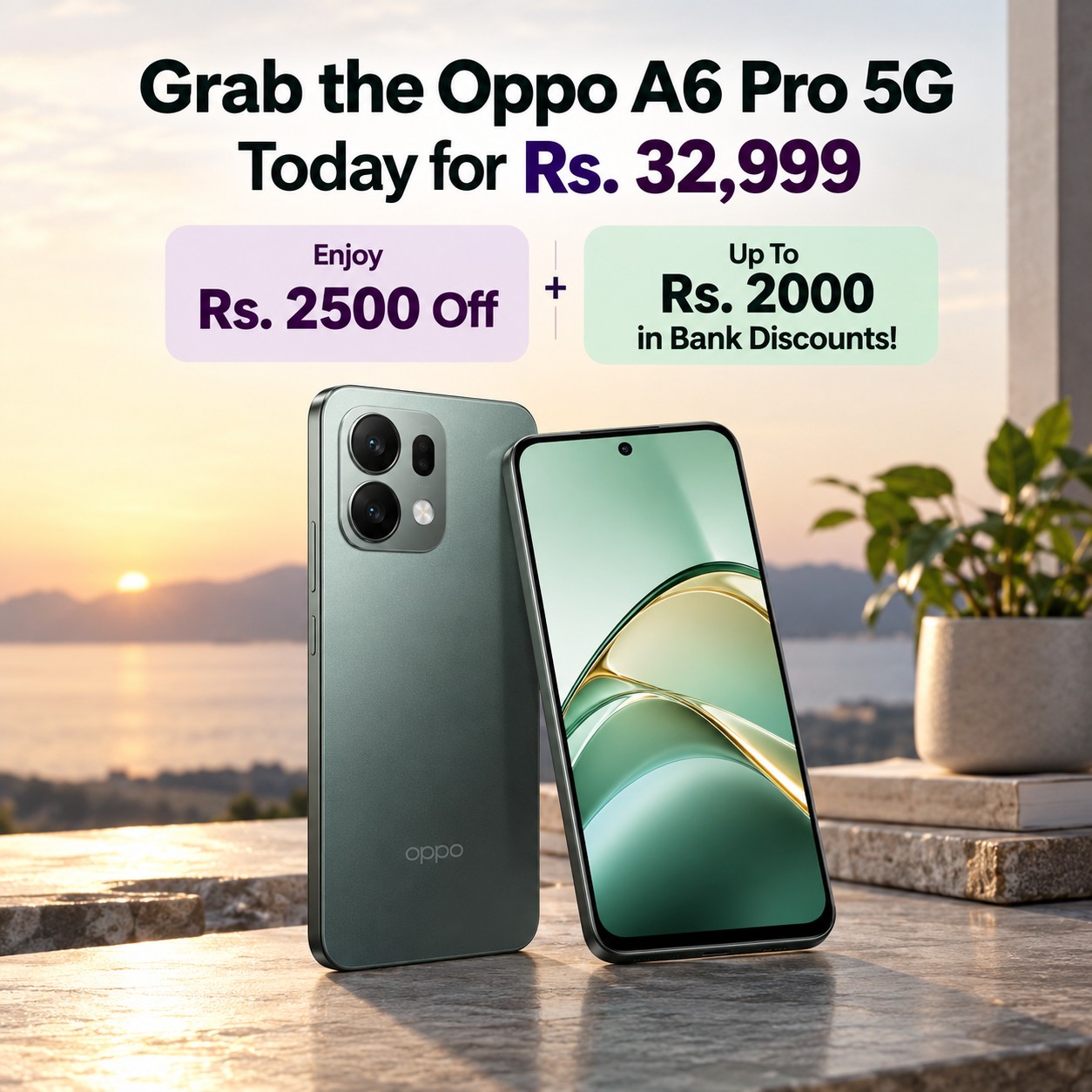 Grab the Oppo A6 Pro 5G Today for Rs. 32,999 + Enjoy Rs. 2500 Off + Up To Rs. 2000 in Bank Discounts!