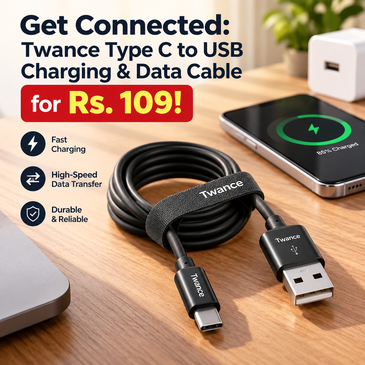 Get Connected: Twance Type C to USB Charging & Data Cable for Rs. 109!