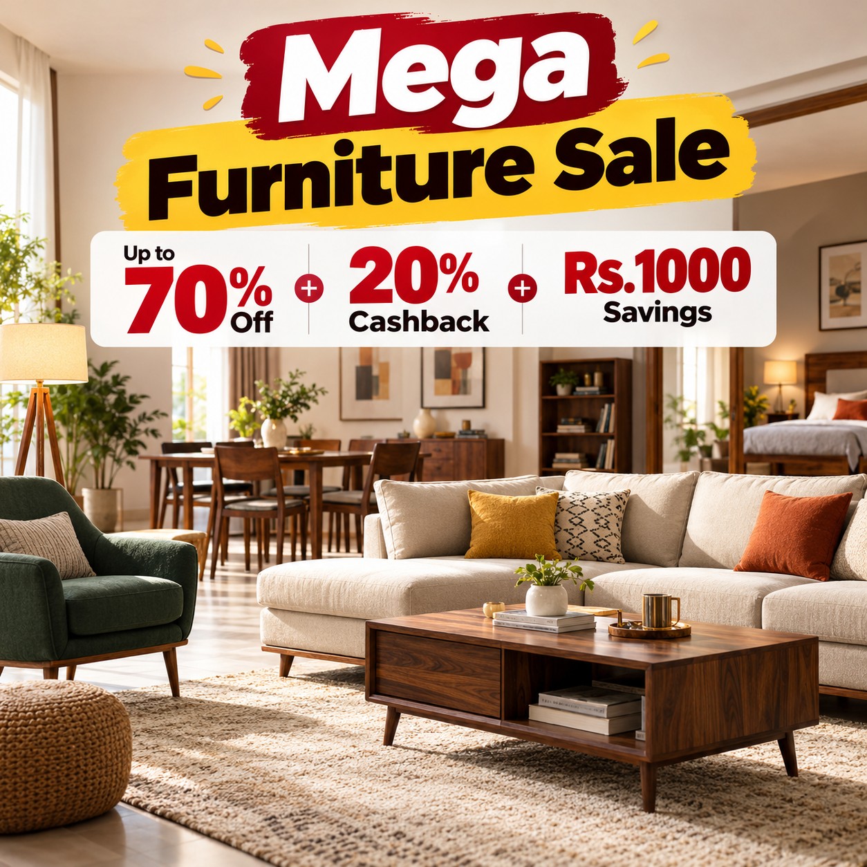 Mega Furniture Sale - Up to 70% Off + 20% Cashback + Rs.1000 Savings