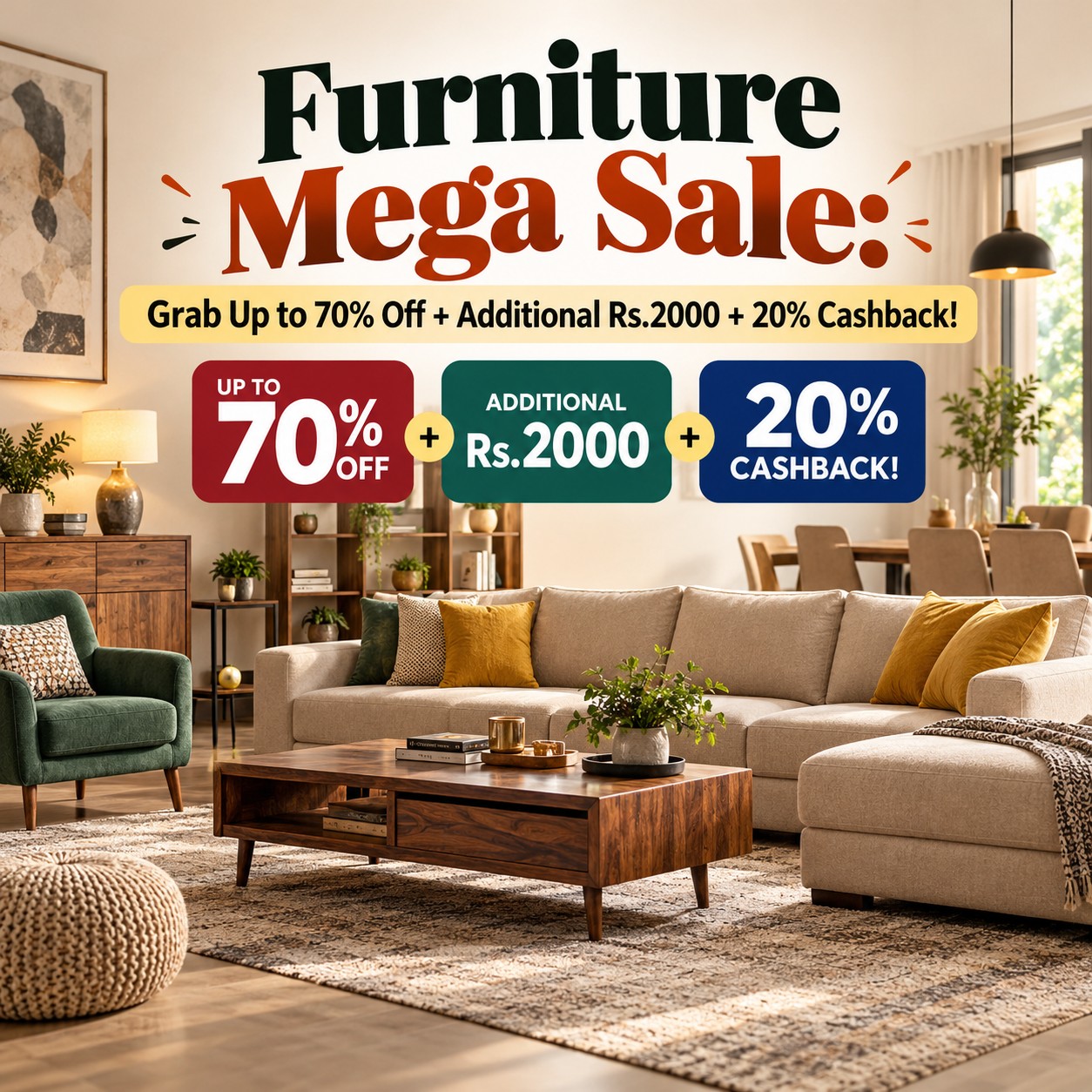 Furniture Mega Sale: Grab Up to 70% Off + Additional Rs.2000 + 20% Cashback!