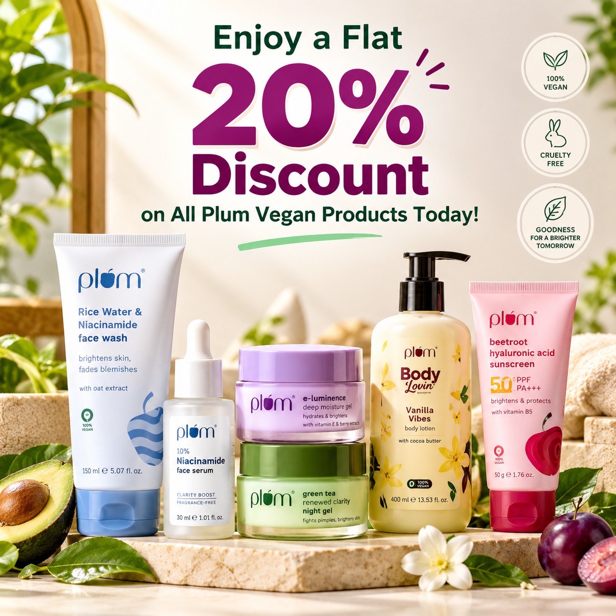 Enjoy a Flat 20% Discount on All Plum Vegan Products Today!