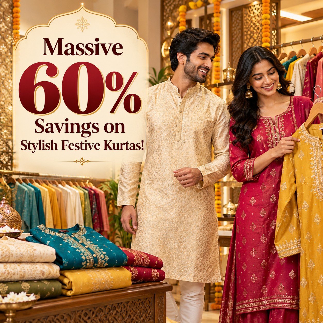 Massive 60% Savings on Stylish Festive Kurtas!