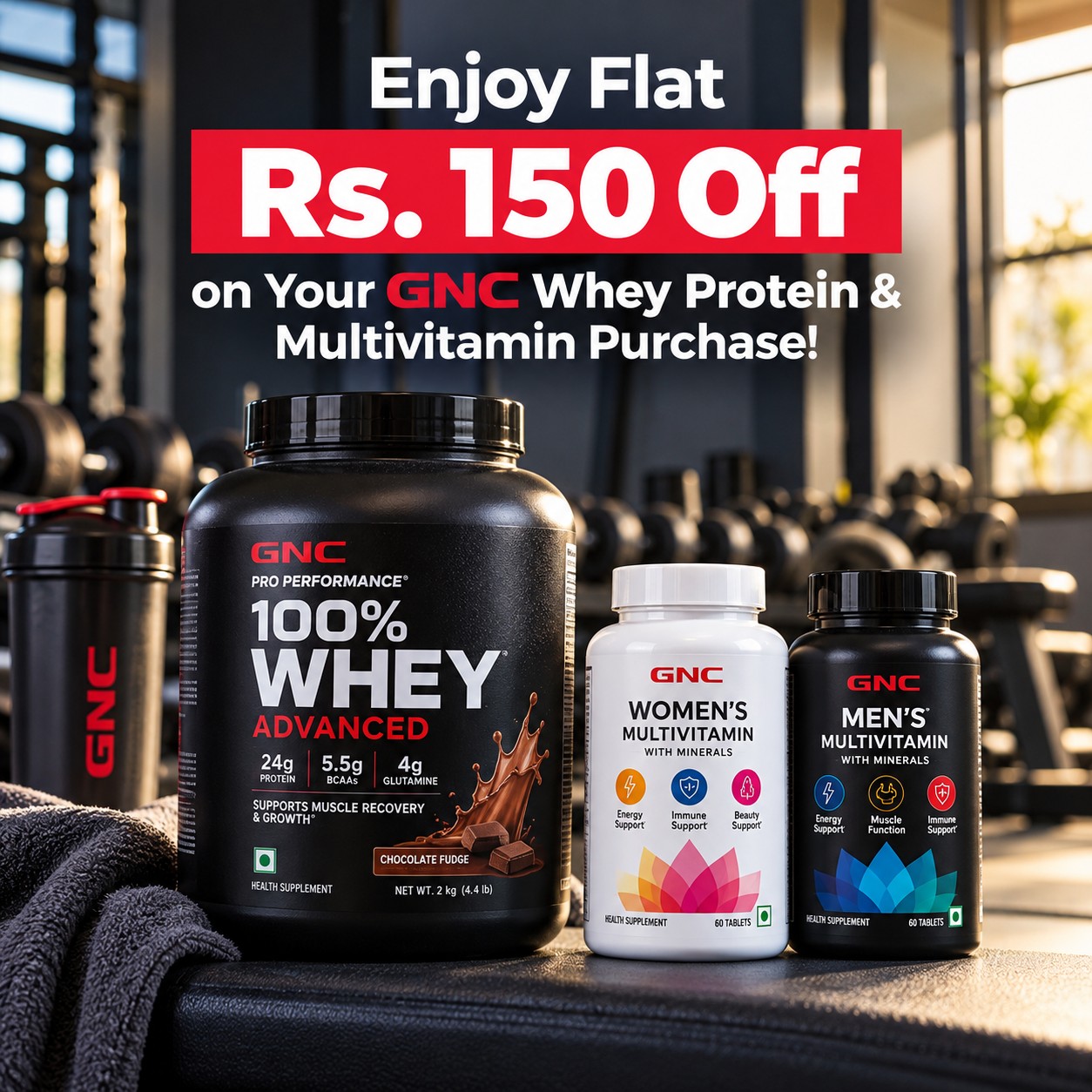 Enjoy Flat Rs. 150 Off on Your GNC Whey Protein & Multivitamin Purchase!