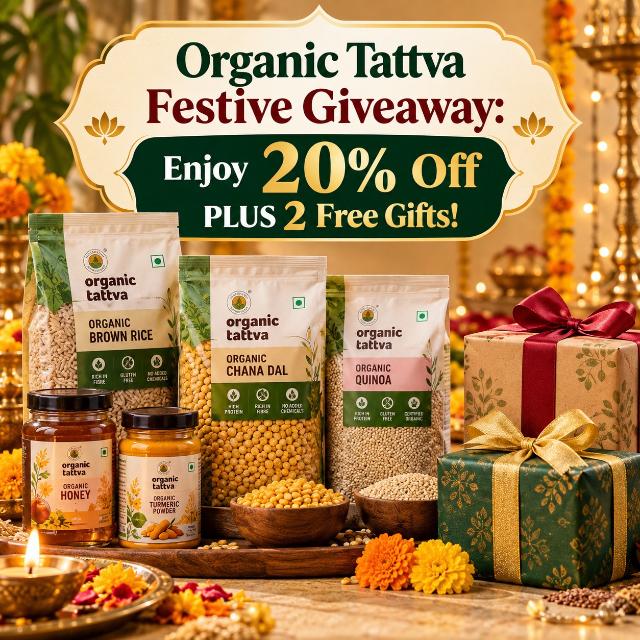 Organic Tattva Festive Giveaway: Enjoy 20% Off PLUS 2 Free Gifts!