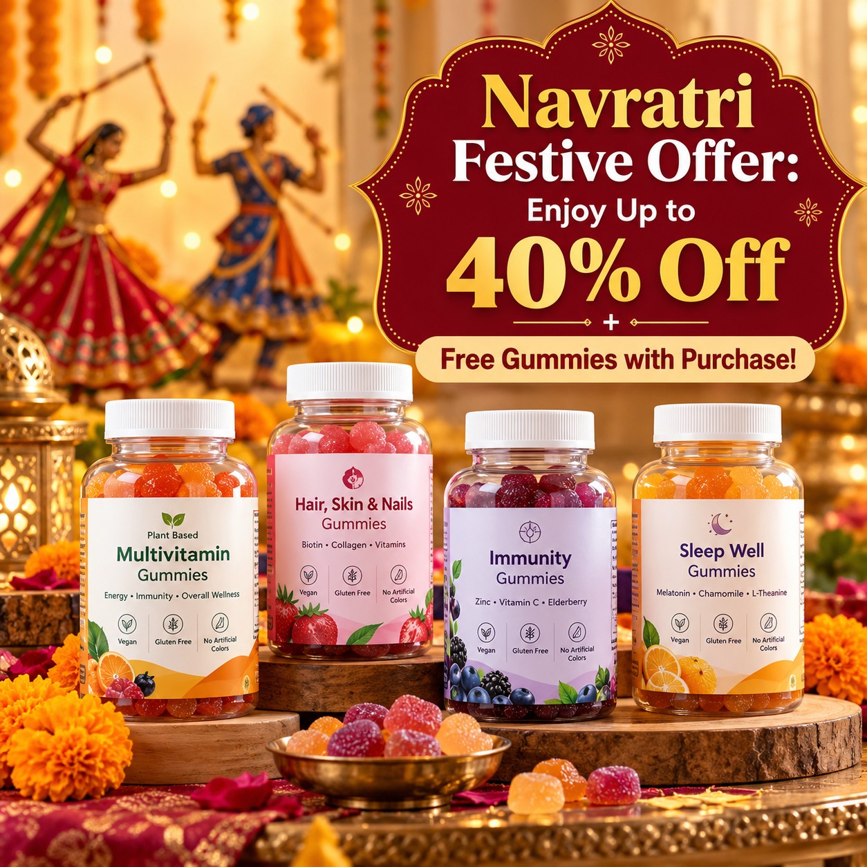 Navratri Festive Offer: Enjoy Up to 40% Off + Free Gummies with Purchase!